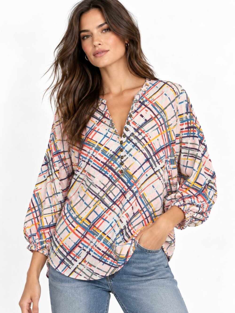 Anthropologie Maeve Womens Abstract Plaid Top Large Pink Boho Artsy Casual Relax